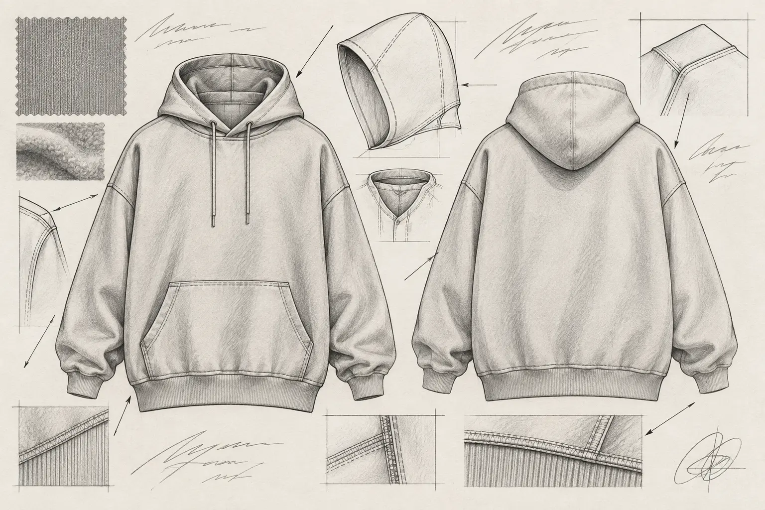 Technical hoodie fashion sketch